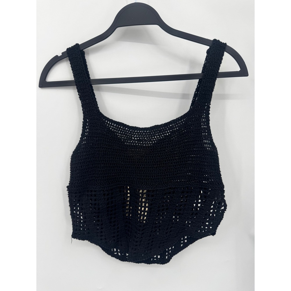 Rebellion Again Crochet Top Women S Black Knit Cropped Pointed Hem Tank